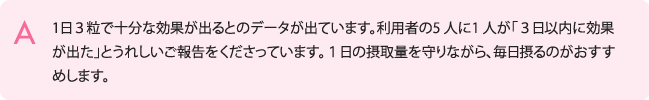 1 日３粒で十分な効果が出るとのデータが出ています。利用者の5 人に1 人が「３日以内に効果が出た」とうれしいご報告をくださっています。１日の摂取量を守りながら、毎日摂るのがおすすめします。