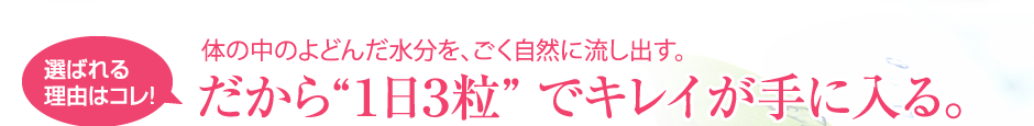 体の中のよどんだ水分を、ごく自然に流し出す。だから“１日３粒” でキレイが手に入る。